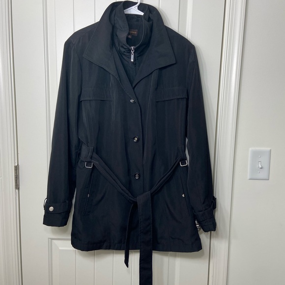 EUC Dana Buchman‎ women’s black full button zip belted long lengthy jacket coat - Picture 1 of 7